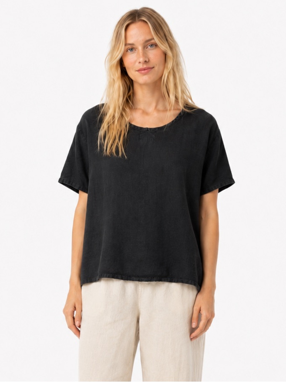 FLAX by Angelheart Black 100% Linen Oversized Short Sleeve Top Medium
